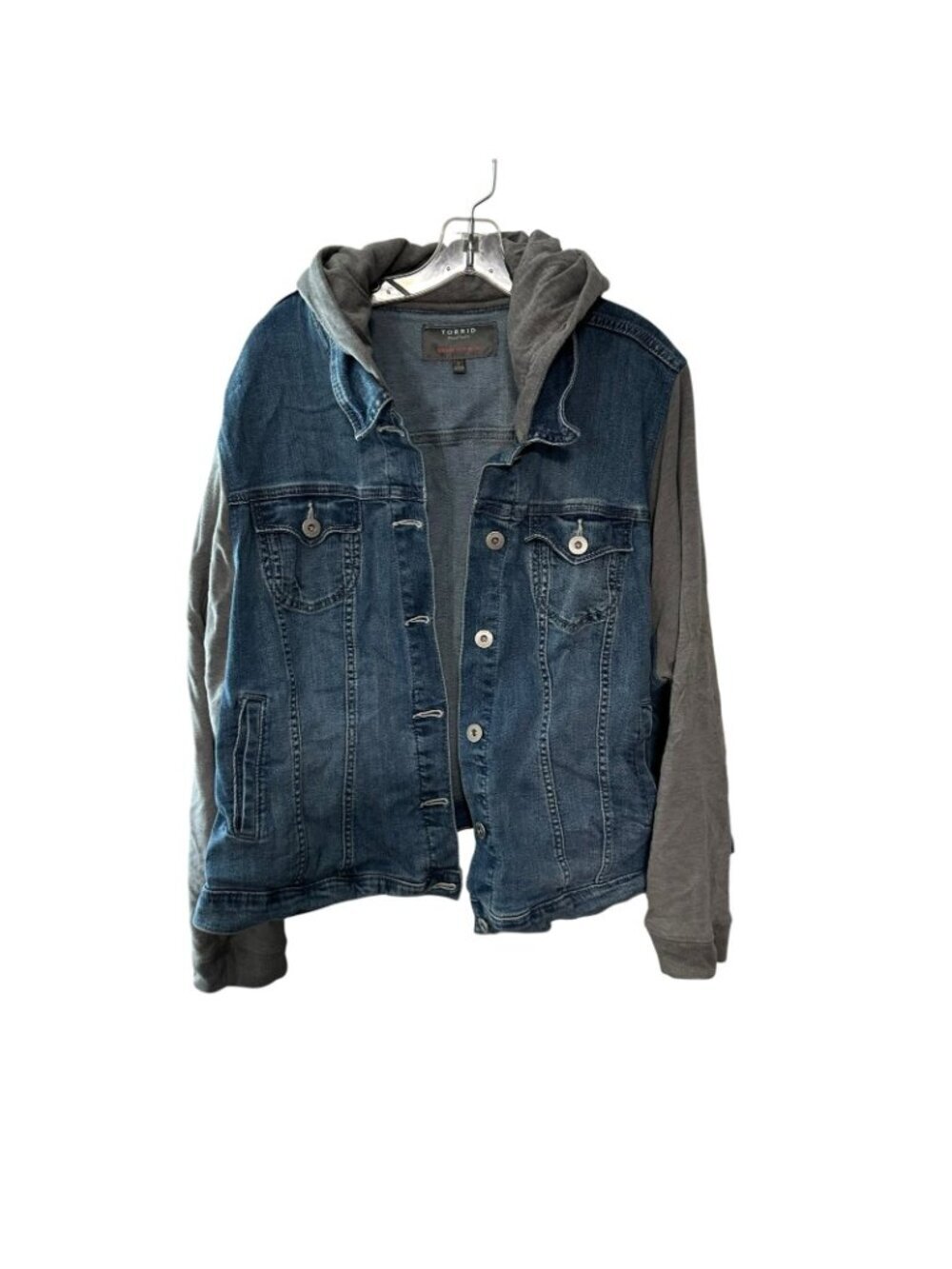 Torrid Denim & Terry Hooded Crop Trucker Jean Jacket Stretchy Plus Size 4X 26 - Picture 2 of 9